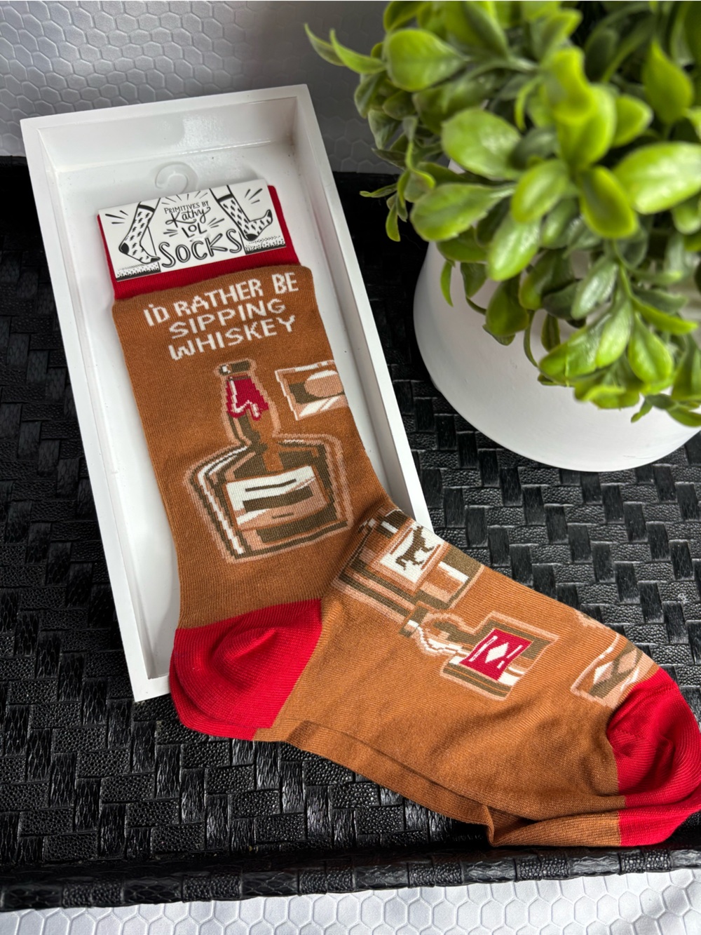 Primitives by Kathy Brown Crew Socks with Red Accents - Whiskey Bottle Design